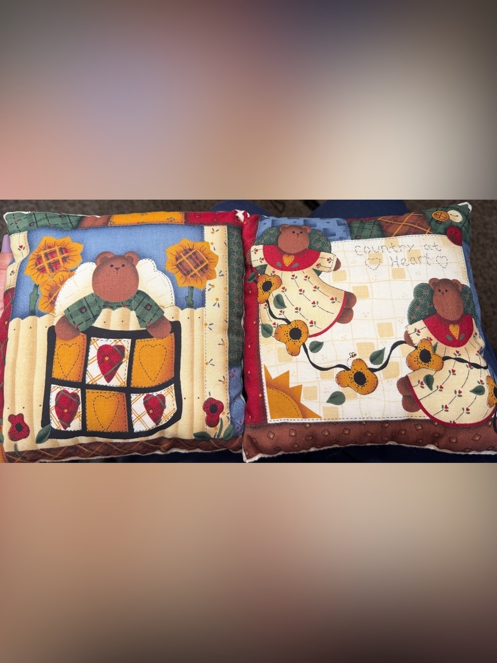 Country Heart Small Decorative Throw Pillow Set - Brown, Yellow & Blue